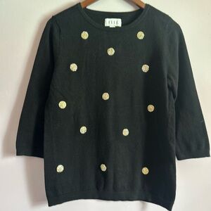 Elle Black Sweater with Gold Polka Dot Embellishments Size Medium